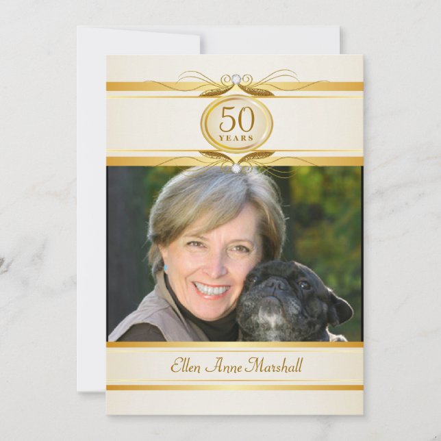 50th Birthday Surpise Party - Ivory Gold Monogram Invitation (Front)
