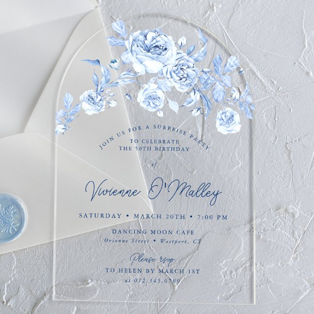 50th Birthday Surprise Party Blue Floral Arch Acrylic Invitations (Creator Uploaded)