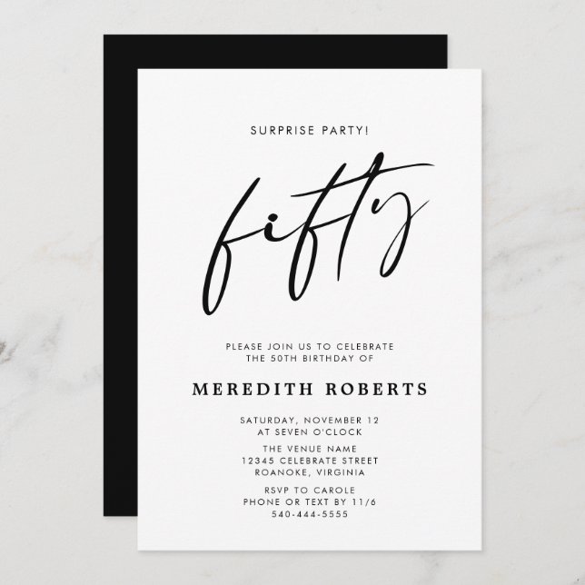 50th Birthday Surprise Party Chic Modern Script  I Invitation (Front/Back)