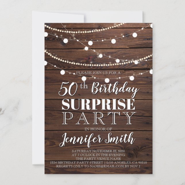 50th Birthday Surprise Rustic Wood String Lights Invitation (Front)