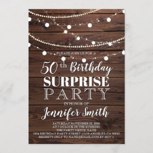 50th Birthday Surprise Rustic Wood String Lights Invitation