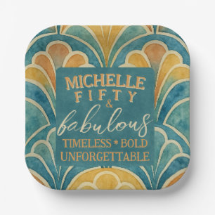 50th Birthday Teal and Gold Art Deco Style Paper Plate