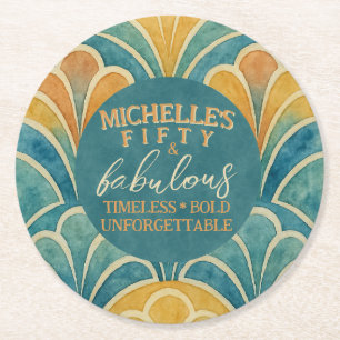 50th Birthday Teal and Gold Art Deco Style Round Paper Coaster