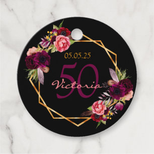 50th birthday Thank You burgundy florals black Favour Tags