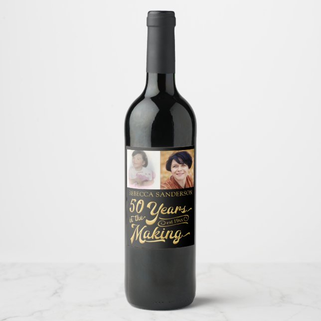 50th Birthday Then and Now Photos | Black & Gold Wine Label (Front)