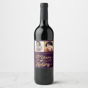 50th Birthday Then and Now Photos Purple & Gold Wine Label