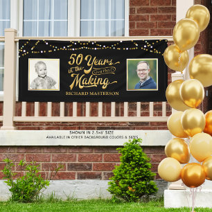 50th Birthday Then & Now Photos Black and Gold Banner