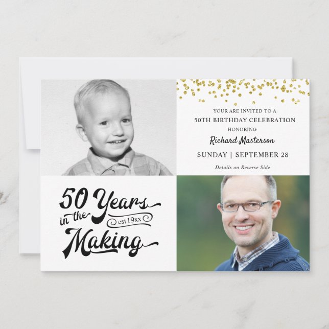 50th Birthday Then & Now Photos Gold Confetti Invitation (Front)
