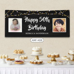 50th Birthday Then & Now Photos Lights Black Banner