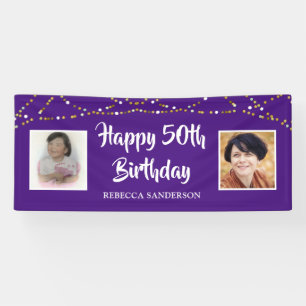 50th Birthday Then & Now Photos Lights Purple Banner