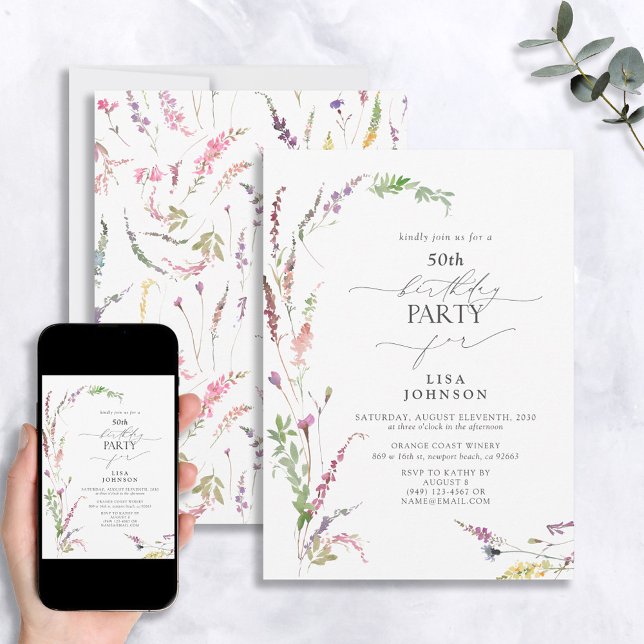 50th Birthday Trendy Elegant Wildflower Floral  Invitation (Creator Uploaded)