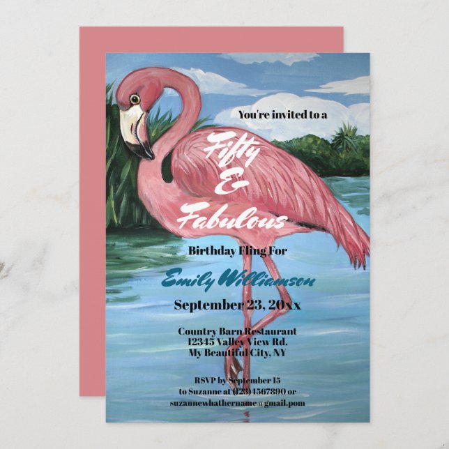 50th Birthday Tropical Pink Flamingo Invitation  (Front/Back)