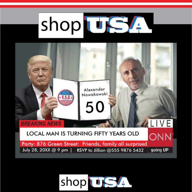 50th Birthday Trump 🎙️ Men Funny TV News Gag Invitation ("Witty and amusing 50th birthday card for men"
"Cheeky men's birthday card for 50th celebration"
)