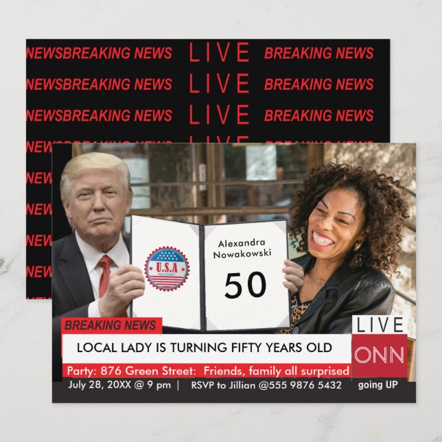 50th Birthday Trump Women's Funny TV News Invitation (Front/Back)