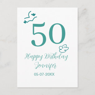 50th birthday turquoise name clouds hand drawn  postcard