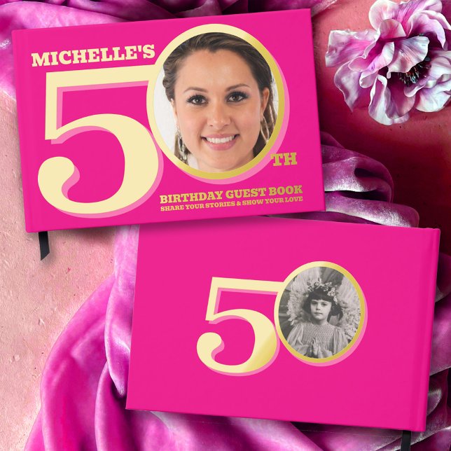 50th birthday two photos hot pink gold guest book (Creator Uploaded)