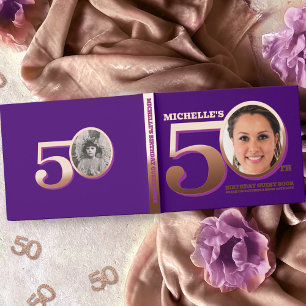 50th birthday two photos purple rose gold guest book