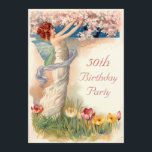 50th Birthday Vintage Fairy Blossom Invitation<br><div class="desc">Women's 50th birthday Chic vintage fairy blossom personalised custom invites. A beautiful antique art deco illustration with an elegant, glamourous fairy with butterfly wings and stylish, flowing gown picking pink dogwood blossoms from the tree. There is green grass and colourful tulips at her feet. Classy, romantic, feminine, classic, old fashioned,...</div>