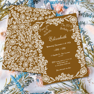50th Birthday White & Brown Botanical Floral Invitation