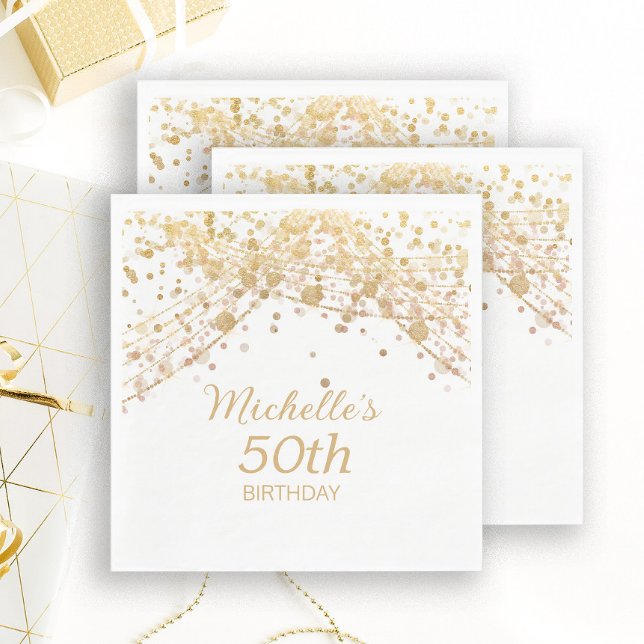 50th Birthday White Gold Glitter String Lights Napkin (Creator Uploaded)