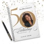 50th Birthday White Gold Script Elegant Guestbook  Notebook<br><div class="desc">50th Birthday White Gold Script Elegant Guestbook notebook. And elegantly designed special birthday celebration, featuring a custom photo of birthday person and script calligraphy with vintage flourish elements. Add photo inserts to this binder to make it a wonderful album to store all your photos and memories of the celebration! Need...</div>