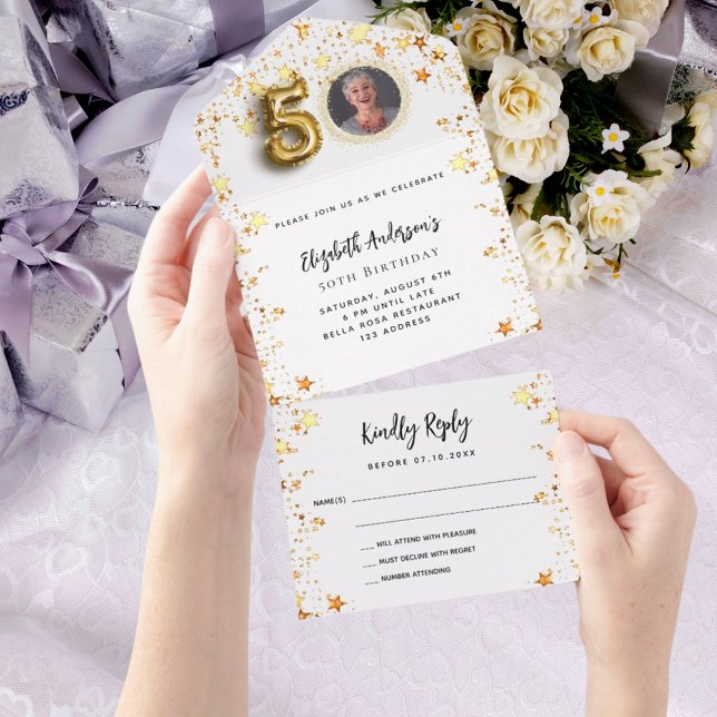 50th birthday white gold stars photo party RSVP All In One Invitation (Creator Uploaded)