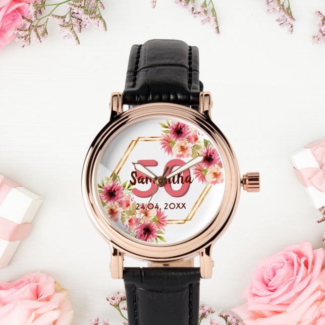 50th birthday white pink floral gold geometric watch (Creator Uploaded)