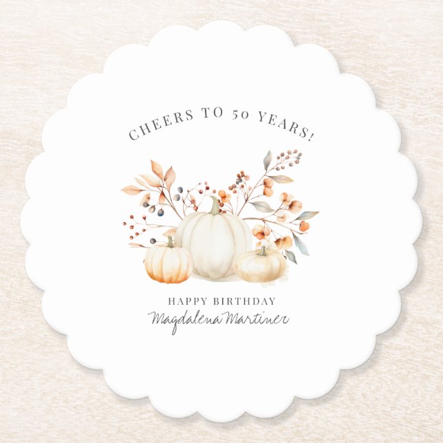 50th Birthday White Pumpkin Fall Leaves Custom Paper Coaster (Front)