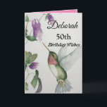 50th Birthday Wishes Elegant Hummingbird Flower Card<br><div class="desc">Celebrate her 50th birthday with an elegant hummingbird design on a charming greeting card. Created from my original waterpainting, the lovely little bird and flower image will brighten the day for birdwatchers, gardeners and nature lovers. The special woman in your life will love the pastel colours of cream, pink and...</div>