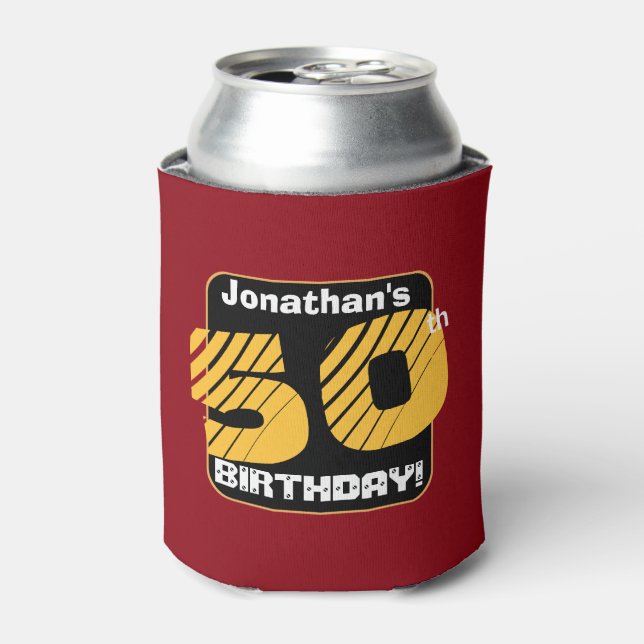 50th Birthday with Custom Name Striped Number A05 Can Cooler (Can Front)