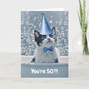 50th Birthday with Cute Cat in the Tub Card