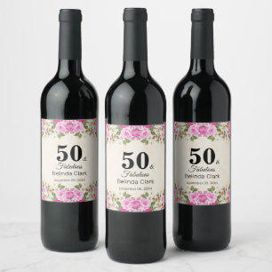 50th Birthday with Flowers on Sparkling Wine Beige Label