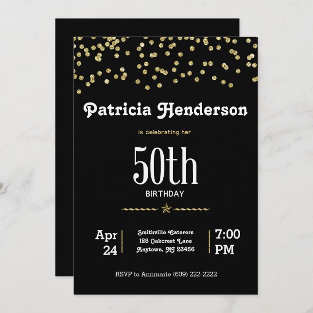 50th Birthday with Glittering Gold Invitation (Front/Back)