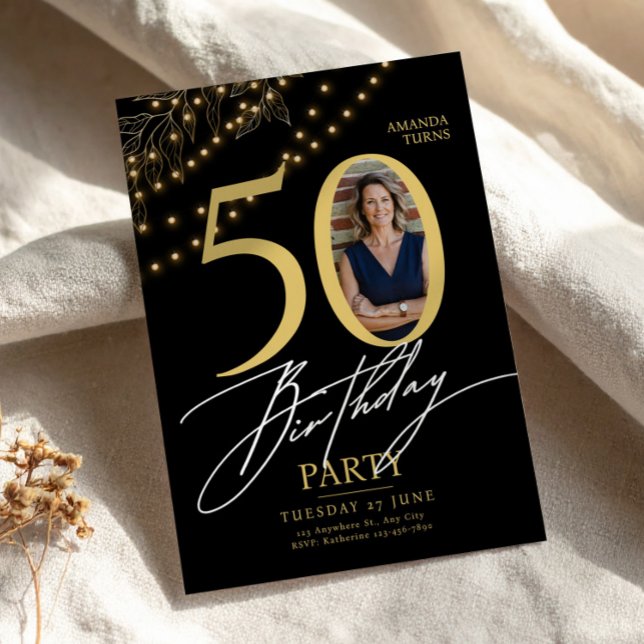 50th Birthday with Photo Elegant Black & Gold Invitation (50th Birthday with Photo Elegant Black & Gold, 50th Birthday Women, Photo Birthday Card)