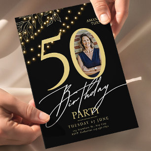 50th Birthday with Photo Elegant Black & Gold Invitation
