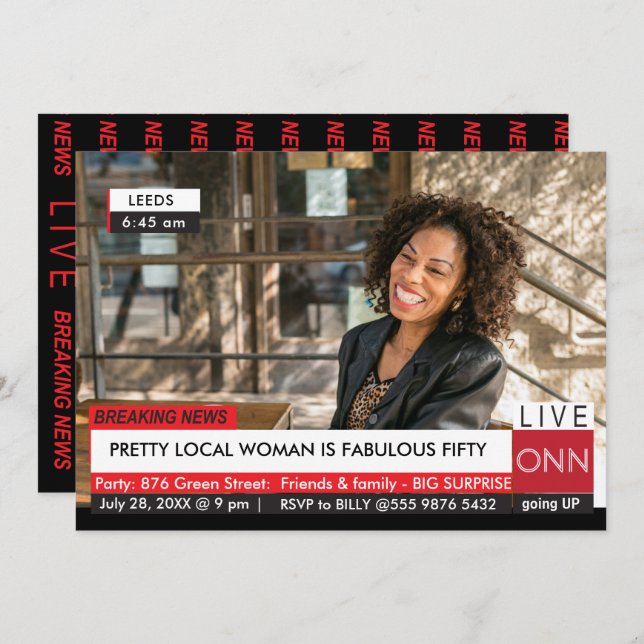 50th Birthday Womens Funny TV News Invitation (Front/Back)