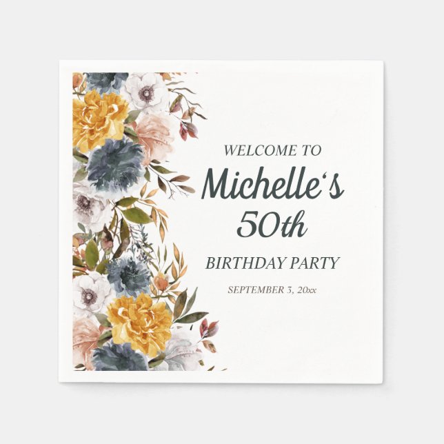 50th Birthday Yellow Navy Blue Floral Welcome  Napkin (Front)