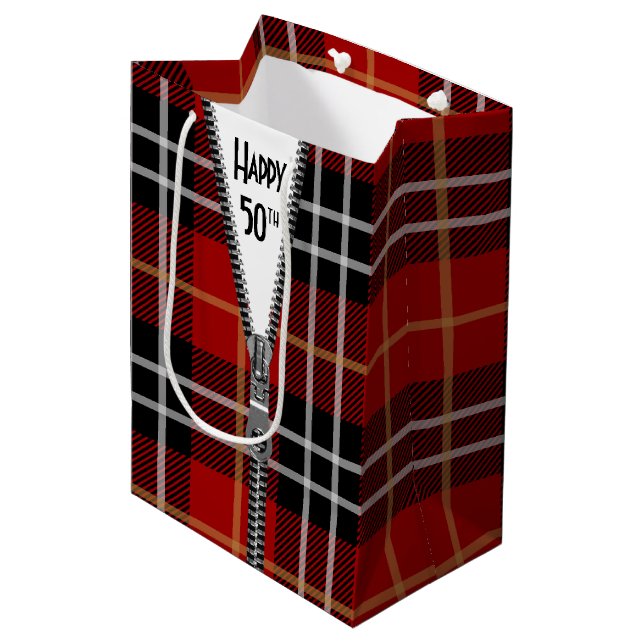 50th Birthday Zipper On Tartan Plaid Medium Gift Bag (Front Angled)