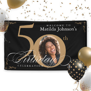 50th Black Gold Elegant Calligraphy Photo Birthday Banner