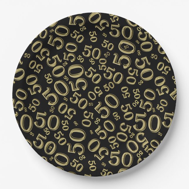50th Black/Gold  Random Number Pattern  Paper Plate (Front)