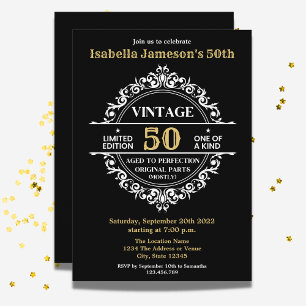 50th Black White and Gold Vintage Birthday  Invitation