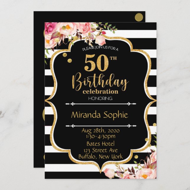 50th Black White Stripe Pink Floral Birthday Party Invitation (Front/Back)