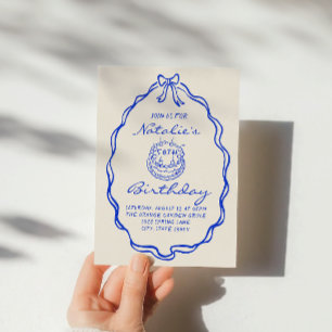 50th Blue Bow Hand Drawn Coquette Birthday Party Invitation