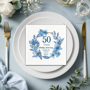 50th Blue Floral Gold Wedding Anniversary Napkin