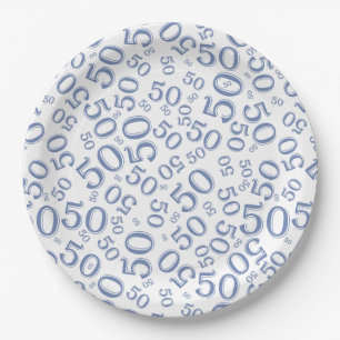 50th Blue/White  Random Number Pattern Paper Plate