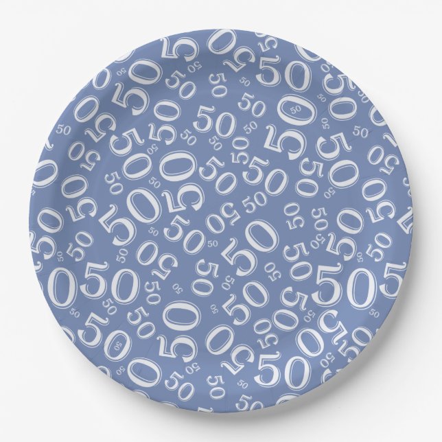 50th Blue/White Random Number Pattern Paper Plate (Front)