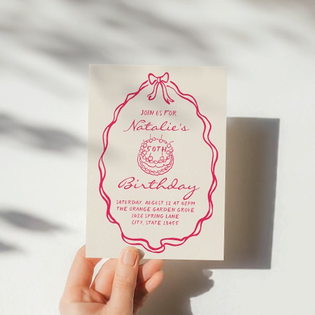 50th Bow Hand Drawn Pink Coquette Fifty Birthday Invitation (Creator Uploaded)
