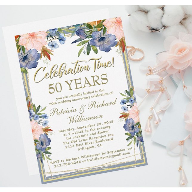 50th Chic Floral Gold Wedding Anniversary Invitation (Creator Uploaded)