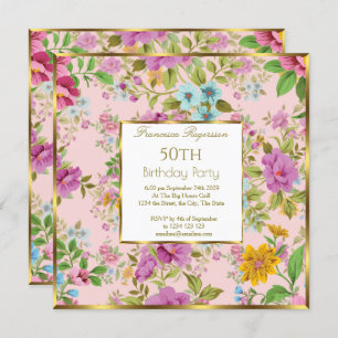 50th Colourful pink Floral Garden Birthday Party  Invitation