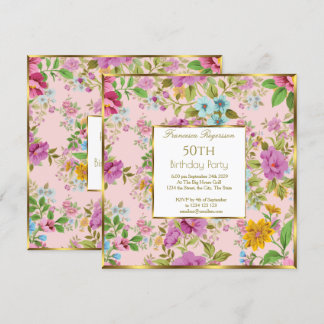 50th Colourful pink Floral Garden Birthday Party  Invitation